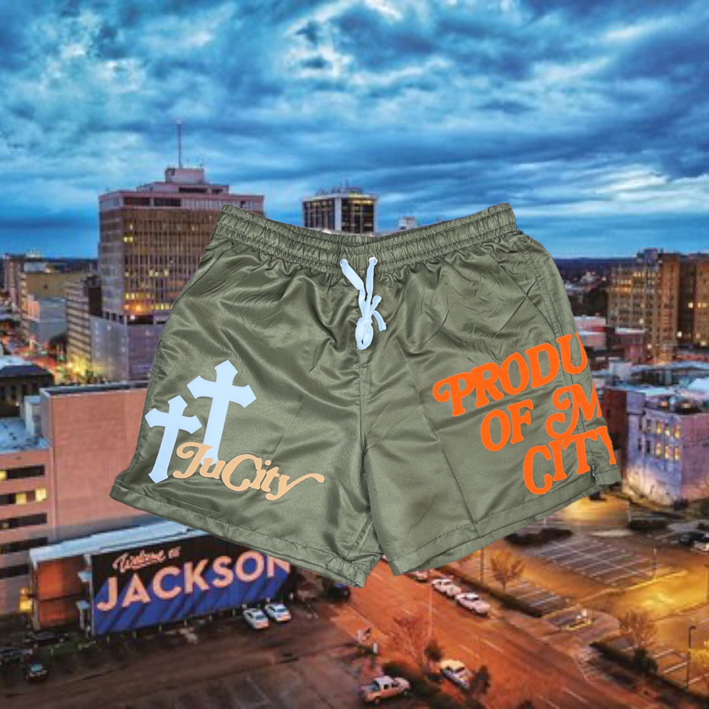 “PRODUCT OF MY CITY” OLIVE SHORTS